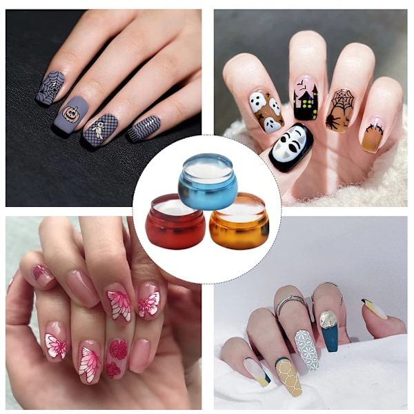3 set franska nagelstämplar - Transparent mjuk stämpel med lock och skrapa
