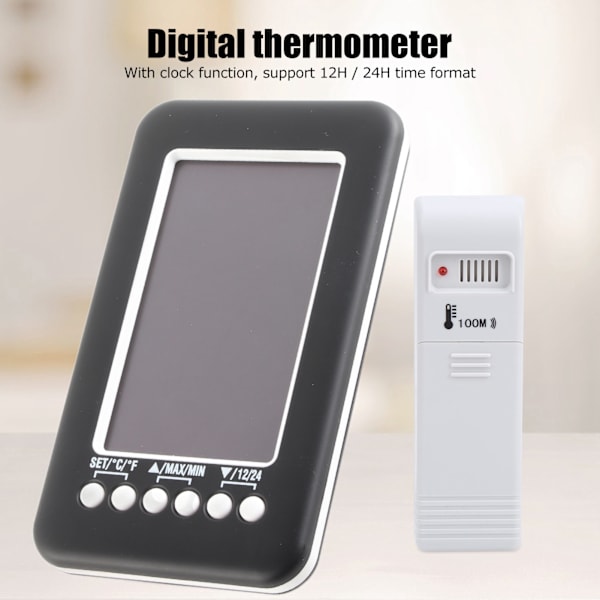 CJ3316RF 4 tommer Termometer med Urfunktion Indendørs Udendørs Digital Trådløs Temperaturmåler