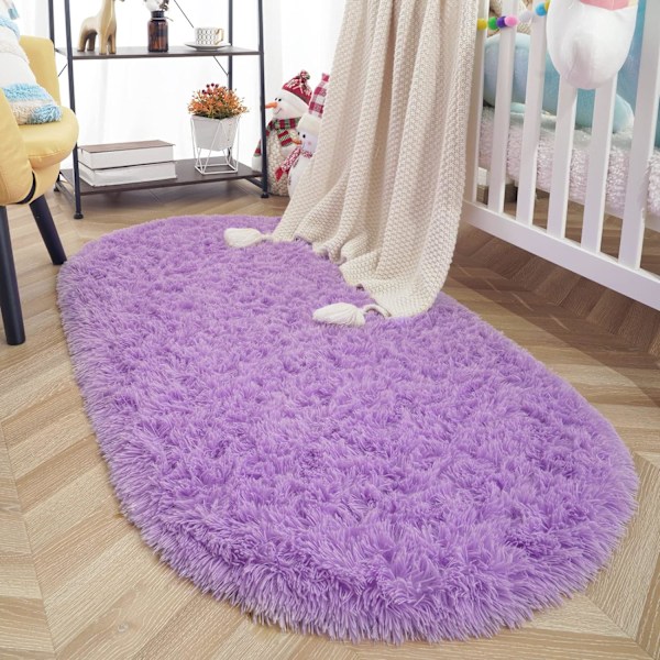 Oval fluffig matta, modern plyschig shaggy matta för barns sovrum, extra bekväm söt barnkammarematta, sängmatta för pojkar och flickors rum, hemdekormattor