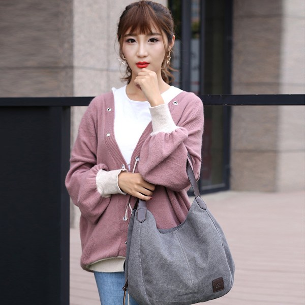 Dames Multi-lomme Skuldertaske Mode Bomulds Canvas Håndtaske Tote Pung