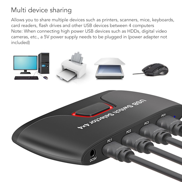 4-ports USB 2.0-switch, selector för 4 datorer som delar 4 USB-enheter, USB KVM-switcher för tangentbord och mus