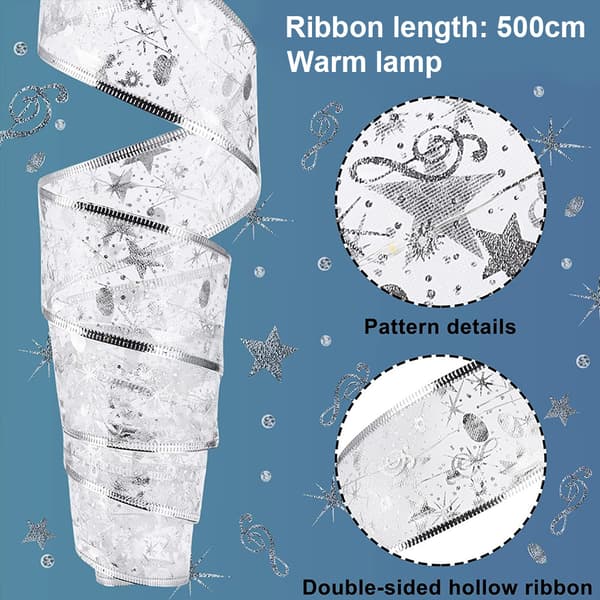 Christmas Tree Lights with Ribbon, Silver Ribbon Lighting with Copper Wire, Ribbon Bows, String Lights Silver[TT] silver The lights