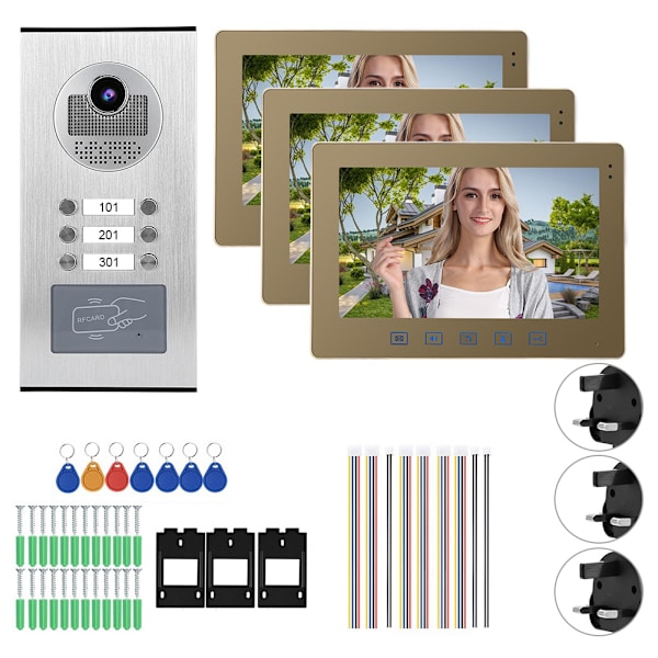 10-tums Videodörrtelefon med 3 Monitorer, Nattseende, Intercom, Dörrklocka, Hemåtkomst System 100-240V(UK)