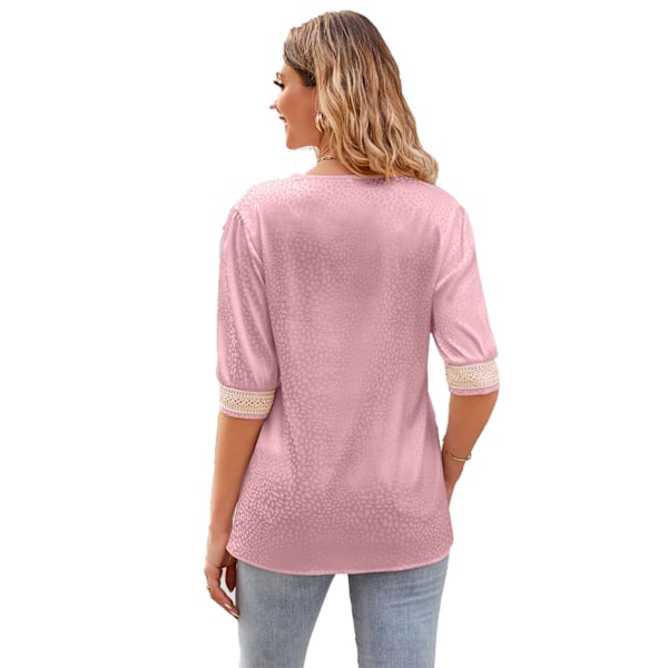 Topp med Kort Ärm, Spetsdetaljer, V-ringning, Casual Satintryck, Dam, Vår/Sommar, Rosa, XXL