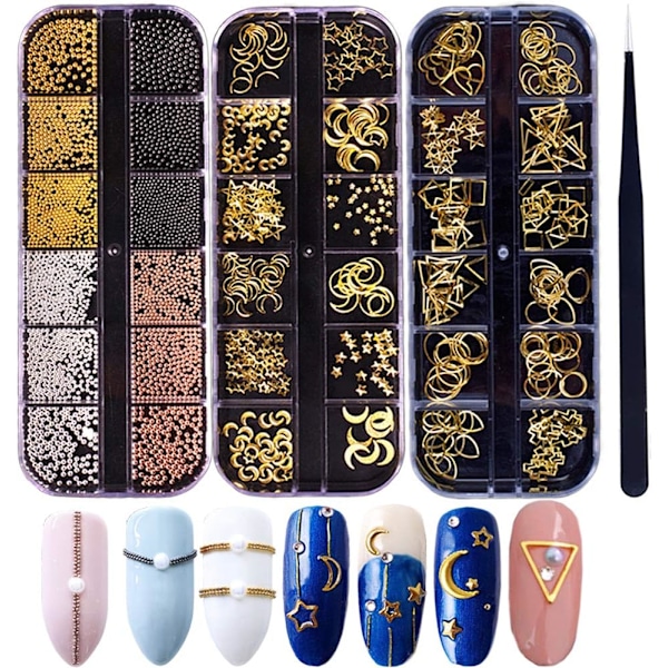 3D Nails Art Metall Berlocker Dubbar Juveler Dekaler Dekorationer Tillbehör 800+ bitar Guldnagel Mikrokaviarpärlor Star Moon Nit Design Tillbehör med