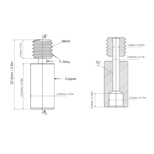 5 st Bimetal Heat Break Ti Legering Koppar Heatbreak Ersättning för Prusa I3 MK3 MK3S 3D-skrivare Slät