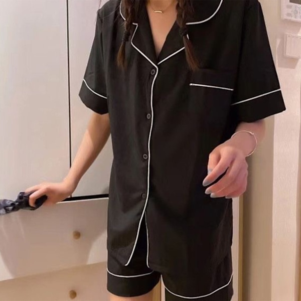 Dam Pyjamas Set Tvådelad Nattkläder Knappar Kortärmad Lounge Nattkläder för Sommar Svart L