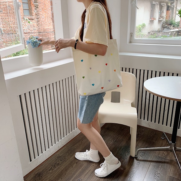 Hjertetrykk Casual Canvas Tote Håndveske Kvinner Stor Kapasitet Håndveske Skulderveske med Lommer Gjenbrukbar Matvare Canvas Tote Vesker