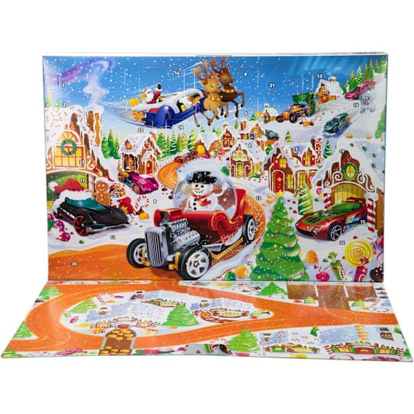Hot Wheels legetøjsbiler og sæt, 2025 Julekalender, inkluderer 10 legetøjsbiler, 10 dekorative clips og 14 vintertema-tilbehør.