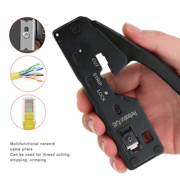 Nätverkskabel Crimper Stripper Cutter Kristallhuvud Crimpverktyg för CAT-5 CAT-6 CAT-7 Svart