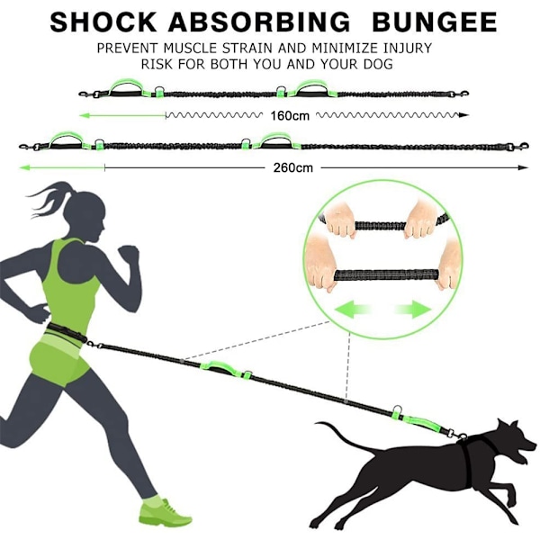 Hundskoppel, Uppgraderat handsfree hundkoppel med två bungees, Långt nylon hundkoppel med justerbart midjebälte för löpning