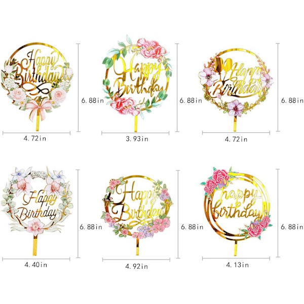 6 stycken Grattis på födelsedagen tårta Dekorera Guld Blomma Akryl tårta Dekorera Akryl Cupcake Dekorera Olika födelsedagsfest Jubileumstårta