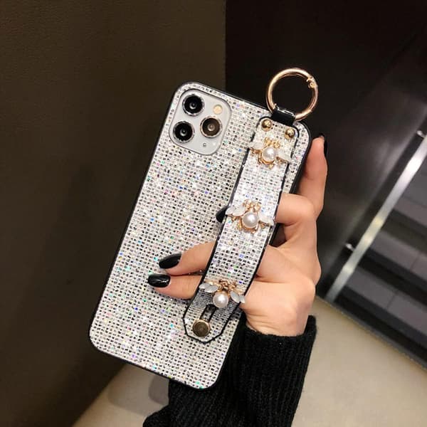 iPhone 12/iPhone 12 Pro Bling Stativholder Deksel Luksuriøs Håndstropp Glitter Diamant Bie Håndleddsstøtte for Kvinner Jenter Beskyttende Deksel[TT] iphone 12 pro max - Silver