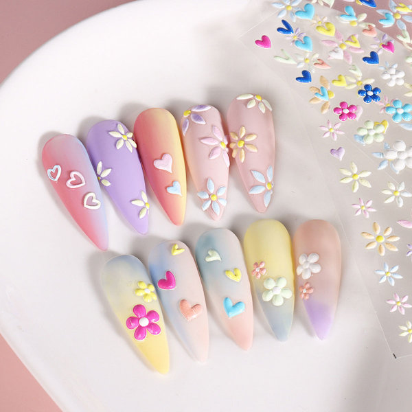 Blommig Nageldekal 5D Relief Nageldekal Vårliga Prästkragar Nagelkonst Design Självhäftande Nageldekal Feminint nageldekoration