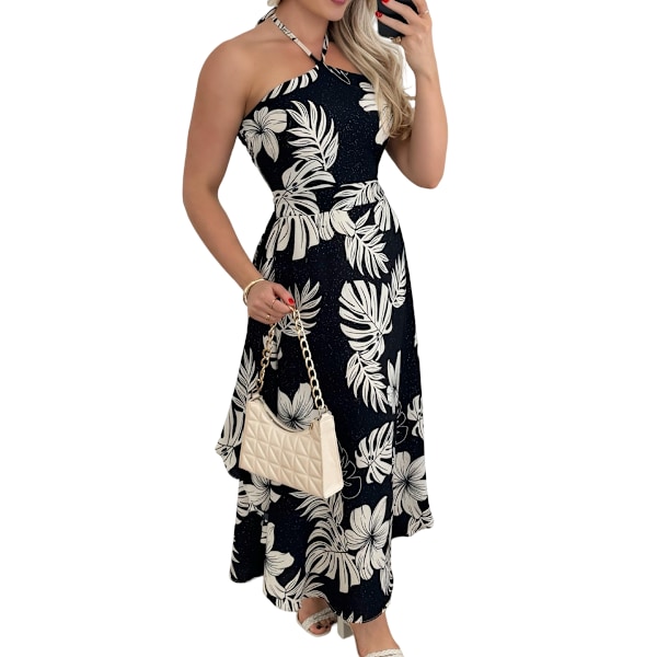 Sommarklänningar för kvinnor - Semester, Rygg Smocked, Urringning, Halter, Blommig, A-linje, Maxiklänning