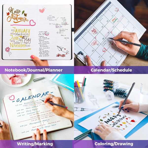 Journal- och planerings pennor, färgade pennor, fina spetsmarkörer, fina spetsritpennor, porösa finelinerpennor