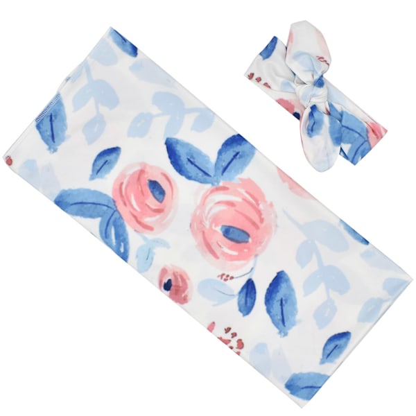 Super Blød Blomstremønstret Nyfødt Babytæppe Wrap Swaddle Sovepose med Hårbånd (#5)