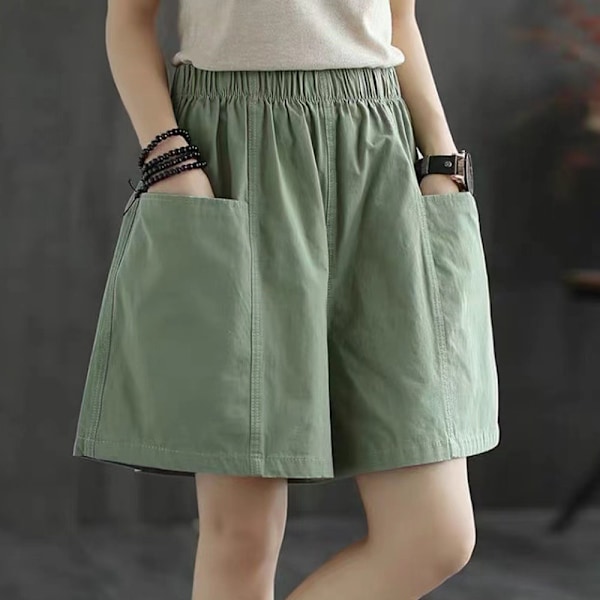 2 stk Dame Elastisk Midje Solid Casual Shorts Bukser med Lommer, Sommer Strand Shorts