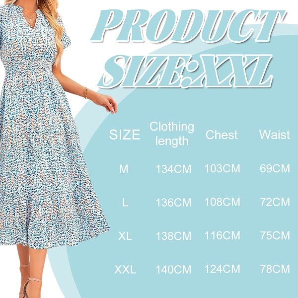 Sommer Maxi Kjole til Kvinder Casual V-hals Puff Kortærmet Smocked Ruffle Flydende Strand Boho Lang Blomsterkjole