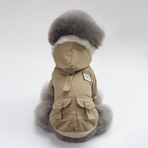 Vinterjacka för hund, hundkläder för små hundar vinter, vinterhundtröja med fickor, varma hundkläder (Khaki)
