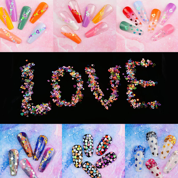 Nagelkonst hål glitter sequin 12-färgad holografisk glitter blandad hjärtformad Alla hjärtans dag nageldekal