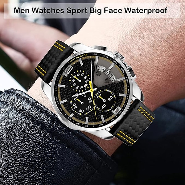 Herreure med læderrem Sport Mode Tøj Casual Analog Kvarts Chronograph Fadergaver Armbåndsur, Urskive diameter 46mm