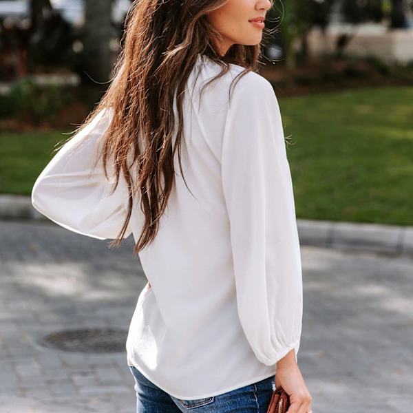Dam Blus med Lång Ärm Djupt V-Hals Åtsittande Manschetter Enfärgad Lös Passform Casual Pullover Skjorta Vit S