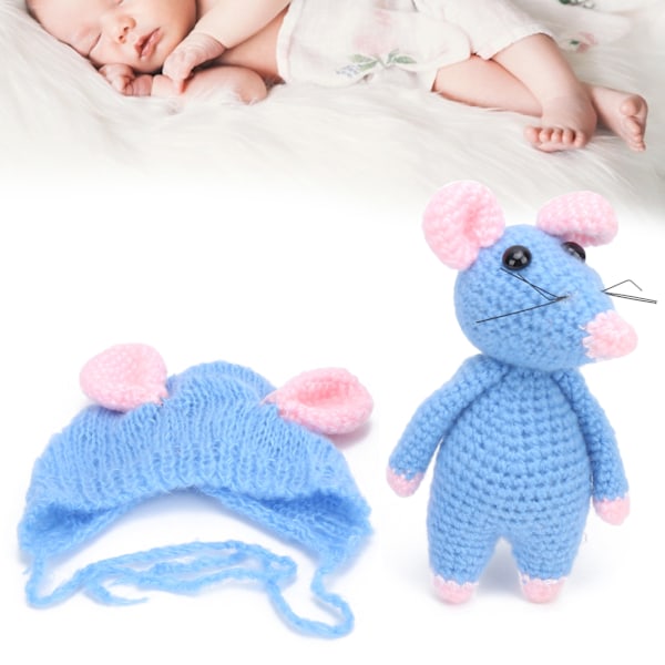 Infant Costume Knitted Sets Baby Photo Shoot Outfits Newborn Baby Mouse Hat with Mouse DollBlue