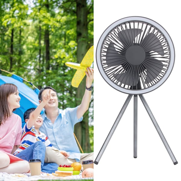 Stativ Bordventilator med Lys USB Genopladelig Batteridrevet 3 Trins Justerbar Bærbar Telthængende Ventilator til Indendørs Udendørs Camping Sort