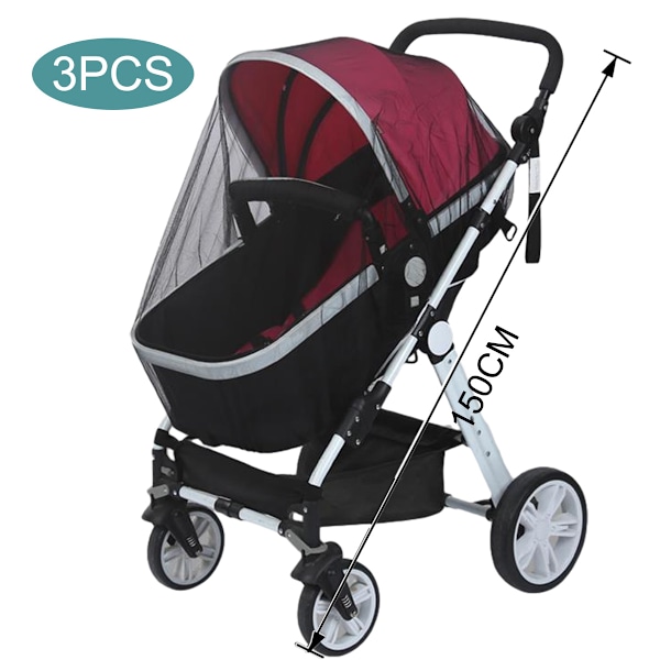 Myggnät för barnvagn - 3-pack Hållbart Myggnät för Barnvagn - Myggnät för Barnvagnar, Vaggor, Spjälsängar, Lekhagar och Bärbara Minispjälsängar