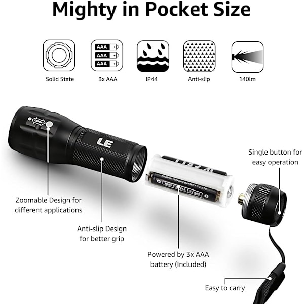 LE Kraftfull L8000 LED-ficklampa, IP44 vattentät zoombar ficklampa, 1 AAA-batterier ingår, Militär LED-ficklampa i aluminium för camping,