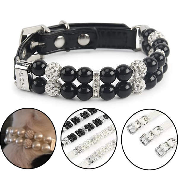Hund Katt Söt Mode PU Läder Pärla Halsband med Kristall Rhinestone Diamant Dekor Husdjur
