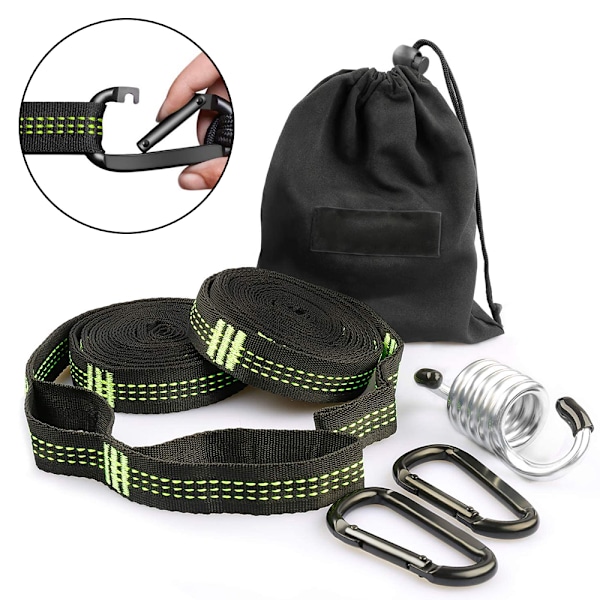 Hängmatta Fäste Trädgunga Fäste Hängstol Set 3 Meter X 2,5cm Max 500kg, 15 + 1 Öglor (polyester) 2 Karbinhakar + Hängstol