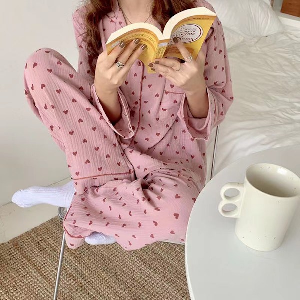 Dam Pyjamas Set med Knappar Långärmad Hjärtmönster Nedåtvänd Krage Lös Mjuk Dam Nattkläder för Vår Höst Hem Rosa L