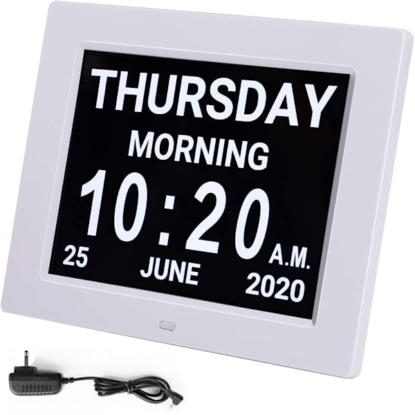 Digital Kalenderlarm Dags Klocka med 8\" Stor Skärmvisning, Am Pm, 5 Alarm, Demens Klockor LED Elektronisk Skrivbords Kalender Äldre Alarmklocka