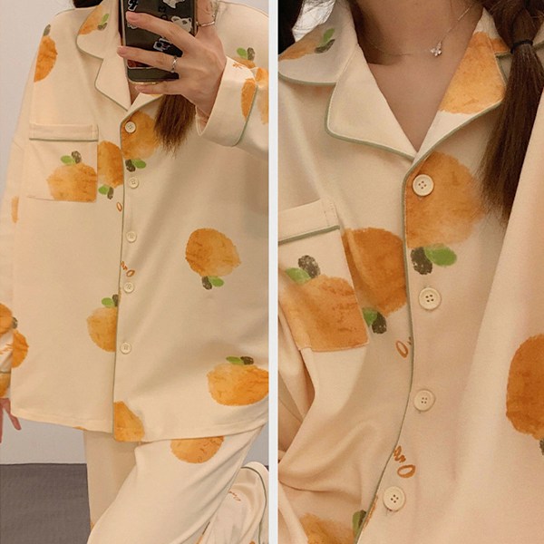 1 set Knapp-upp Pyjamas Set för Kvinnor, Långärmad Skjorta och Pyjamabyxor Mjuka Pjs Loungeset (M)