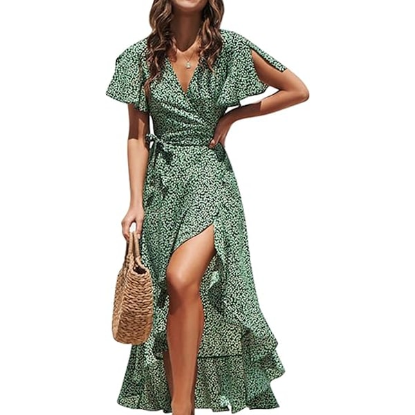 Sommerkjole for kvinner - Maxi, Casual, Split, Flare, Korte Ermer, Bånd i livet, Ruffel, Strandkjole