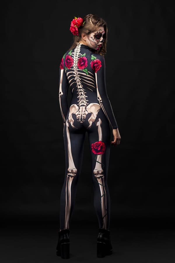 (M) Halloween-kostume til kvinder, helkropsskelet til voksne