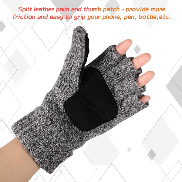 Termisk Isolerende Fingerløse Teksthandsker Unisex Vinter Varme Strikket Konvertible Vanter Klaplåg