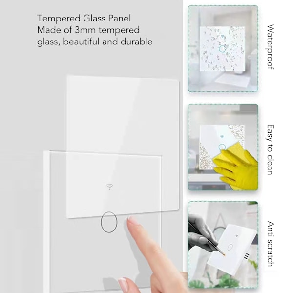 WiFi RF Ljusströmbrytare Touchkontroll Vattentät Glaspanel Stöd för Röststyrning Smart Väggströmbrytare 10A AC80‑260V