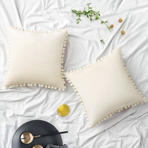2-pack Sammetskuddfodral med Pompom Dekorativa Kuddfodral Solida Mjuka Kuddfodral med Pompoms Kvadratiska för Soffa Säng Sovrum Bil 18x18 tum
