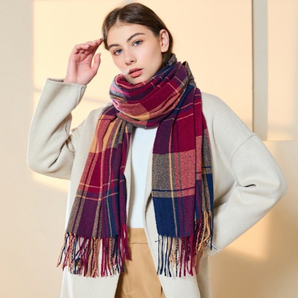 Lange pledd-sjal i chunky-strik for kvinner - Overdimensjonert vinter/høst-sjal i varm tartan