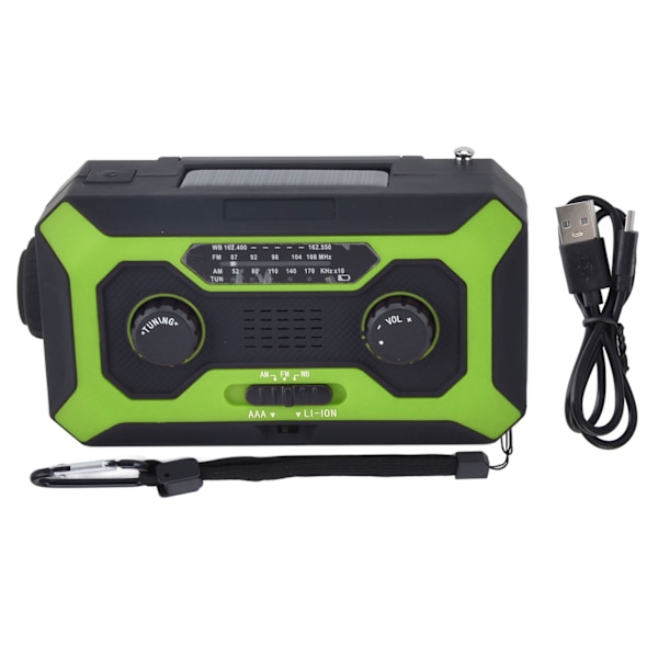 Handvevad Nödradio AM/FM Växling Batteriindikator Ficklampa Solcellsladdare för Utomhuscamping Grön US-version