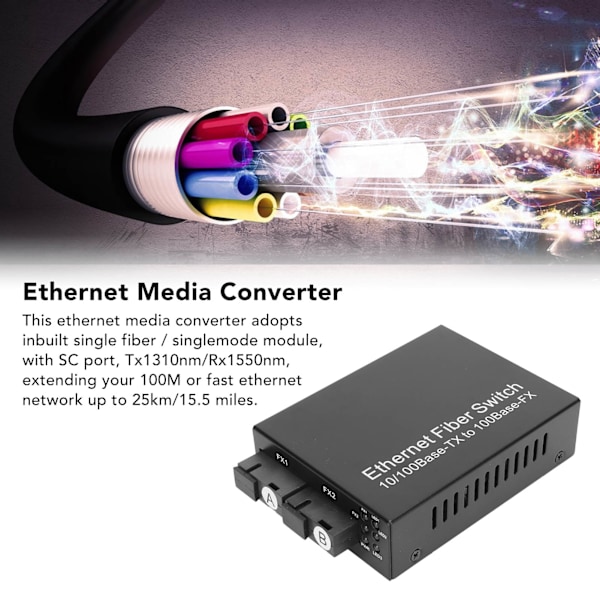 Ethernet Media Converter 100 Mbps SC Single Fiber Singlemode RJ45 Port Fiber Ethernet Transceiver för Nätverk 100‑240V EU-kontakt