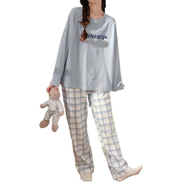 1 sett Damer Pyjamas, Rutete Langarmet Nattøy Myk Kontrast 2-delt Loungewear (XL)