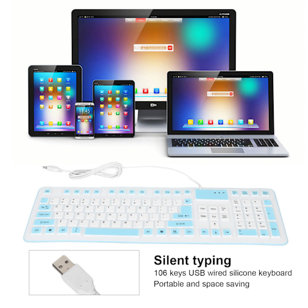 Hopfällbart Silikon-tangentbord 106 Tangenter Vattentätt Dammsäkert Hopfällbart USB-trådbundet Tyst Silikon-tangentbord för PC Laptop Spel Blå