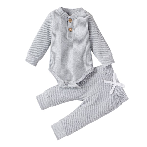 Nyfødt Baby Ribbet Strikket Bomuld Langærmet Romper Lange Bukser Ensfarvet Outfit (grøn)