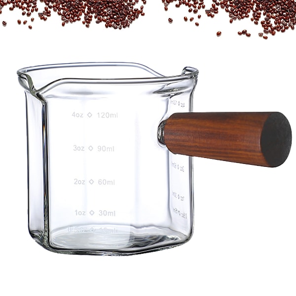Espresso-mätkopp med trähandtag, glasmått med våg, espressoshotglas med V-formad mun, espressotillbehör i klart glas,