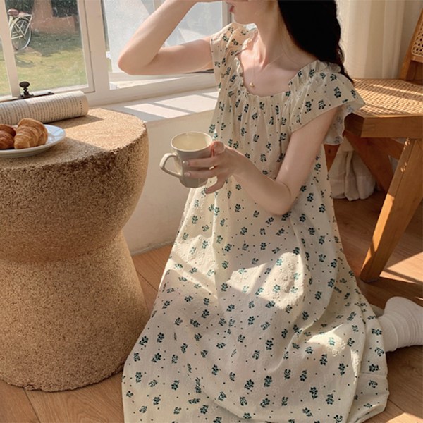 Nattklänning för kvinnor Mjuk bomull Blommig Ärmlös Lång Sömnkläder Nattklänning för sommar Blå XL