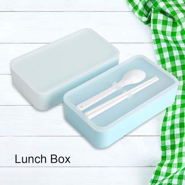 900mL 2 Layers Plastic Bento Lunch Box Food Storage Container with Spoon Chopsticks (Blue)